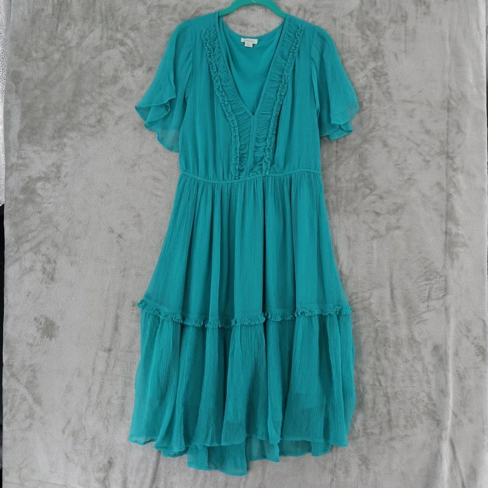 Sundance Tiered‎ Ruffle Midi Dress Womens Small Teal Blue Lyocell Boho Flutter